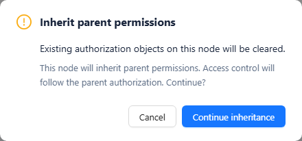 Inherit parent permissions confirmation with Cancel and Continue inheritance