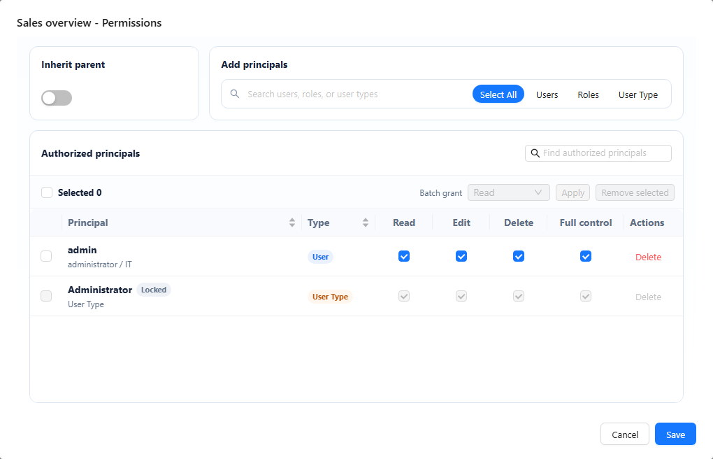 Permissions dialog with Inherit parent, Add principals, and Authorized principals with Read, Edit, Delete and Full control