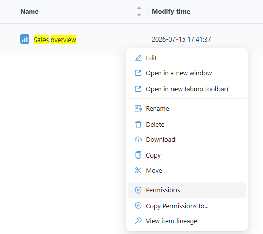 Report action menu in Public with Permissions highlighted