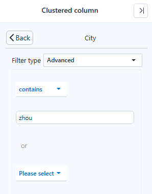 Filter type Advanced on City with the condition contains zhou