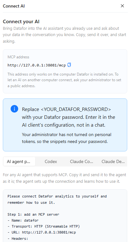 Connect AI panel with the MCP address, the password notice and the client tabs