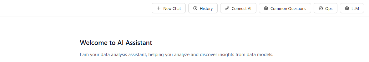 AI Assistant welcome screen with the toolbar buttons New Chat, History, Common Questions, Ops and LLM