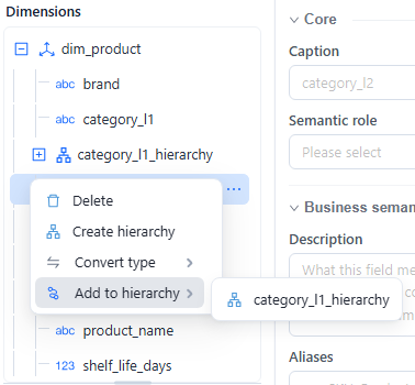 Actions menu of the category_l2 attribute with Delete, Create hierarchy, Convert type and Add to hierarchy, listing the target hierarchy category_l1_hierarchy