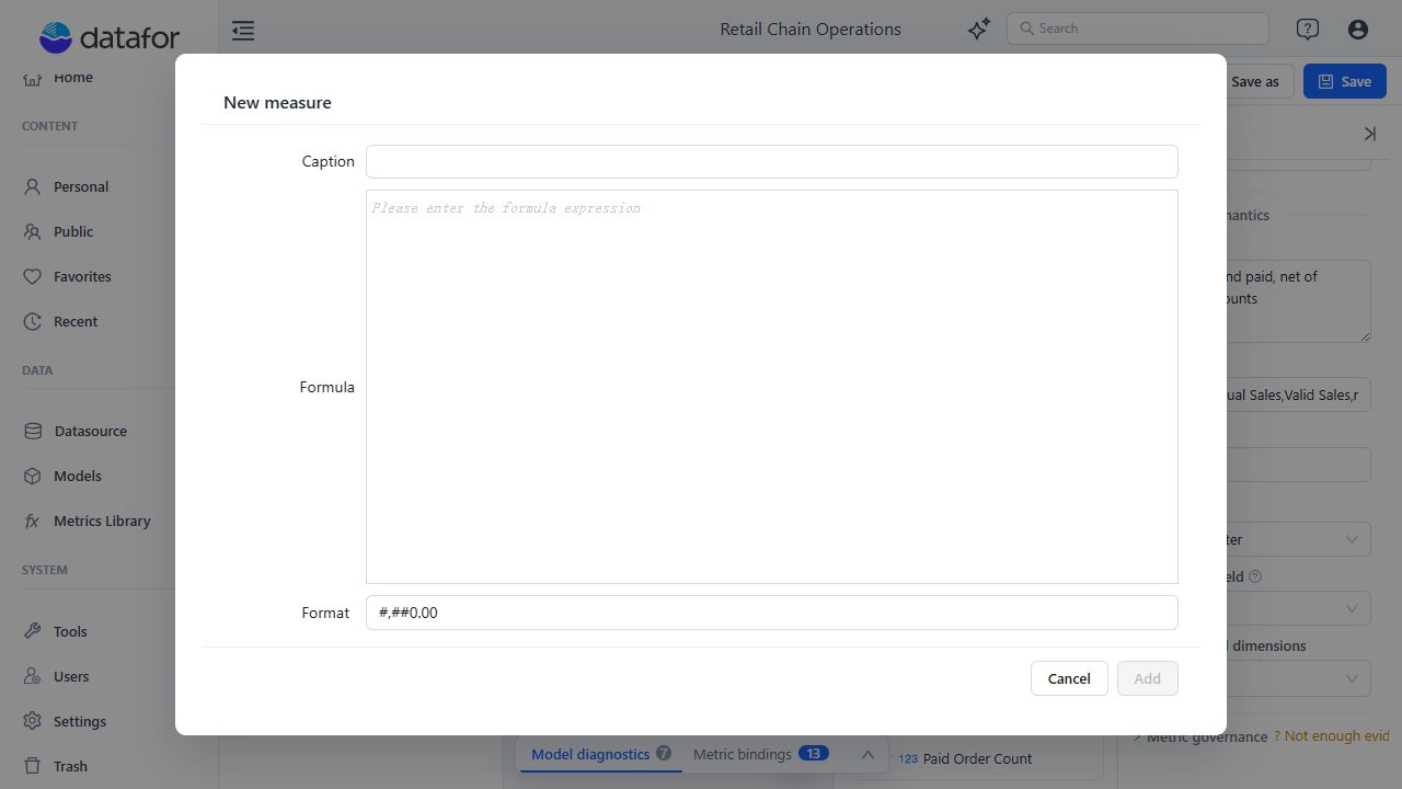 New measure editor with Caption, Formula, and Format