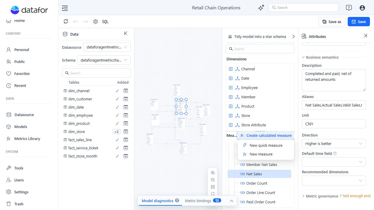 Create calculated measure menu with New quick measure and New measure