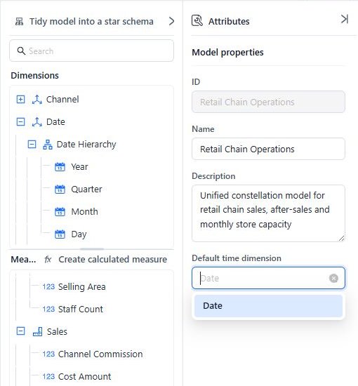 Model properties with Date selected as the Default time dimension