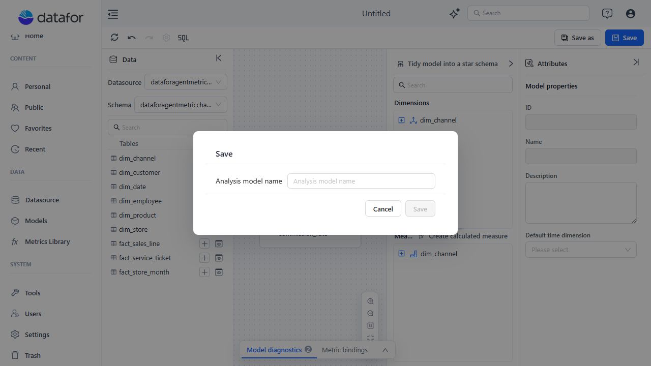 First-save dialog requesting the analysis model name