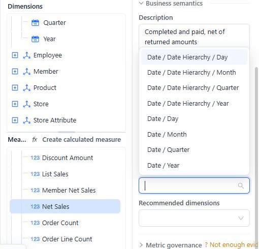 Measure Business semantics with the Default time field list open