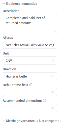 Measure Business semantics showing description, aliases, unit, direction, default time field, recommended dimensions and the collapsed Metric governance group