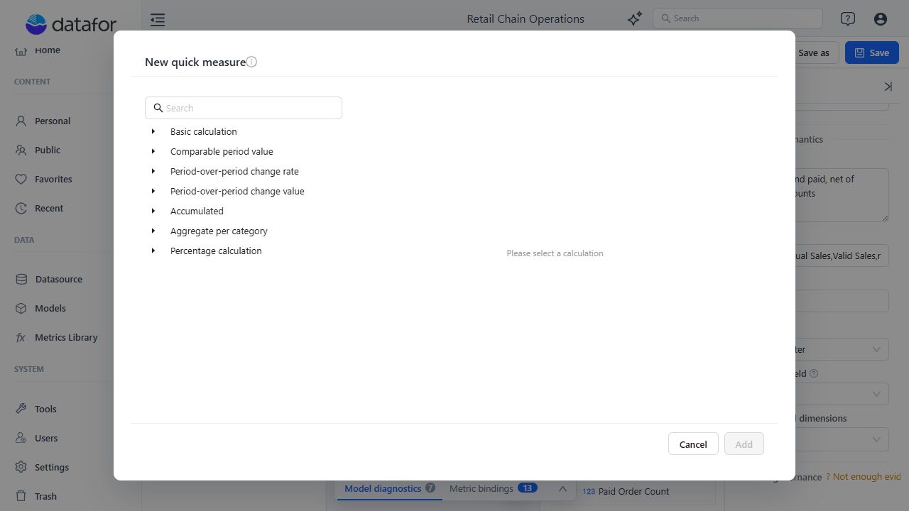 New quick measure dialog listing the available calculation groups