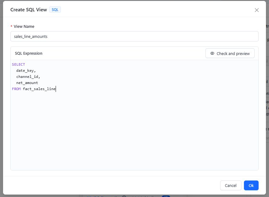 Create SQL View dialog with a view name, SQL expression, and Check and preview action