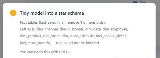 Tidy model into a star schema preview listing proposed semantic-role removals and unchanged tables