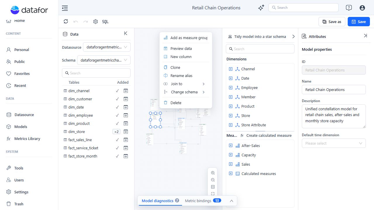 Table menu with semantic, preview, calculated column, clone, join, schema, and delete actions