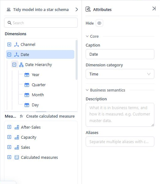 Date Dimension configured with the Time category and an expanded date hierarchy