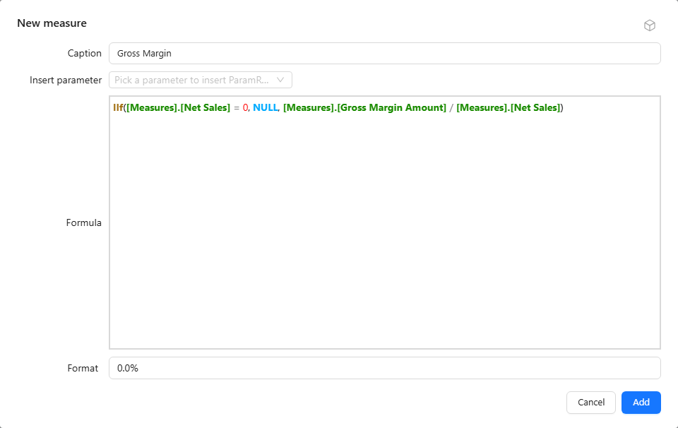 New measure dialog with a Gross Margin formula guarded by IIf and the 0.0% format