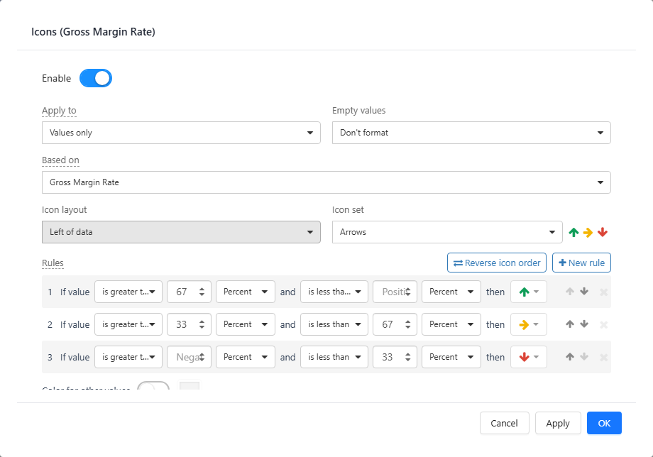 Icons dialog with the default three rules