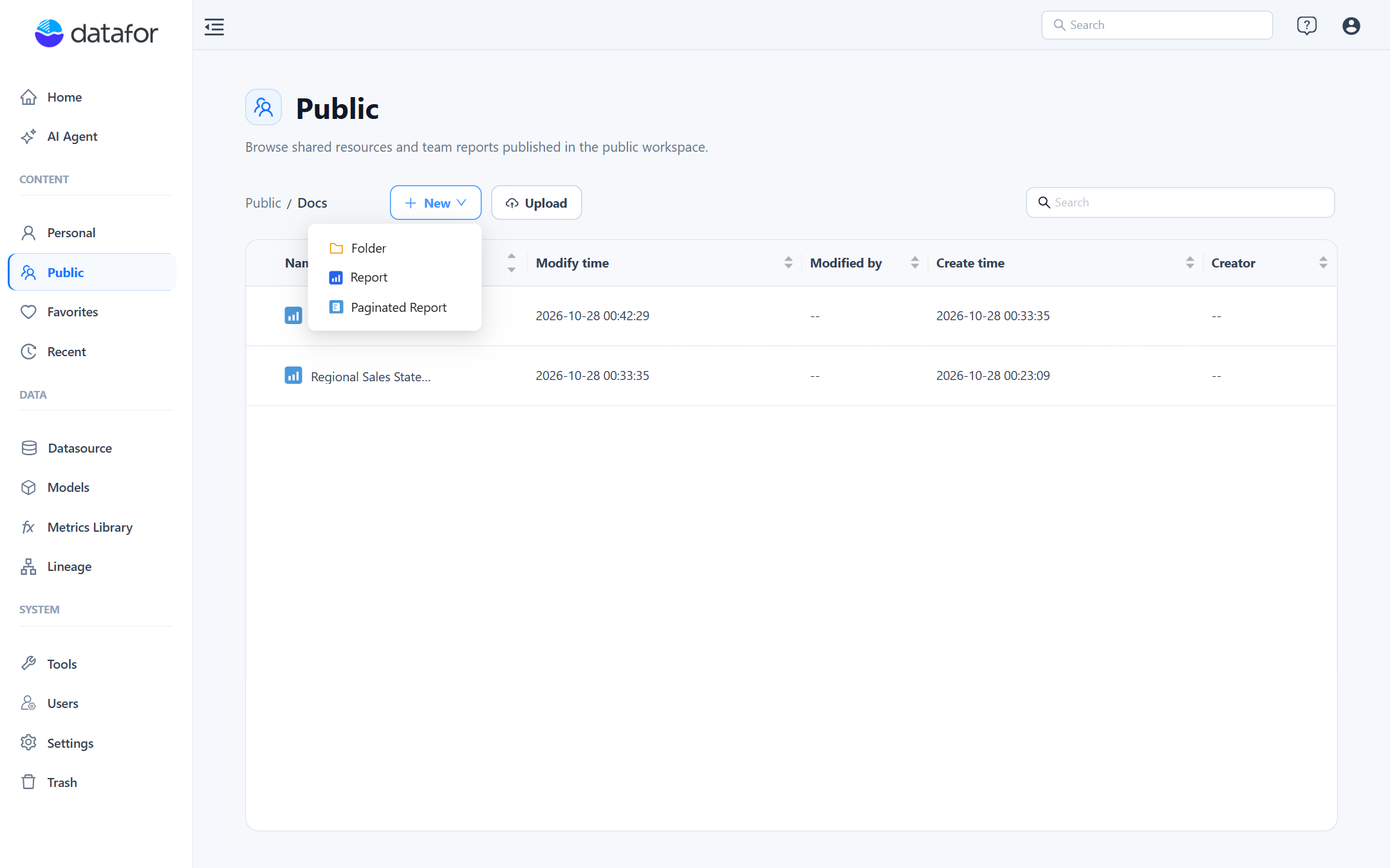 New menu of a folder with Folder, Report and Paginated Report