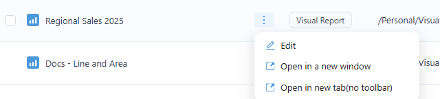 Report action menu with Edit, Open in a new window and Open in new tab(no toolbar)
