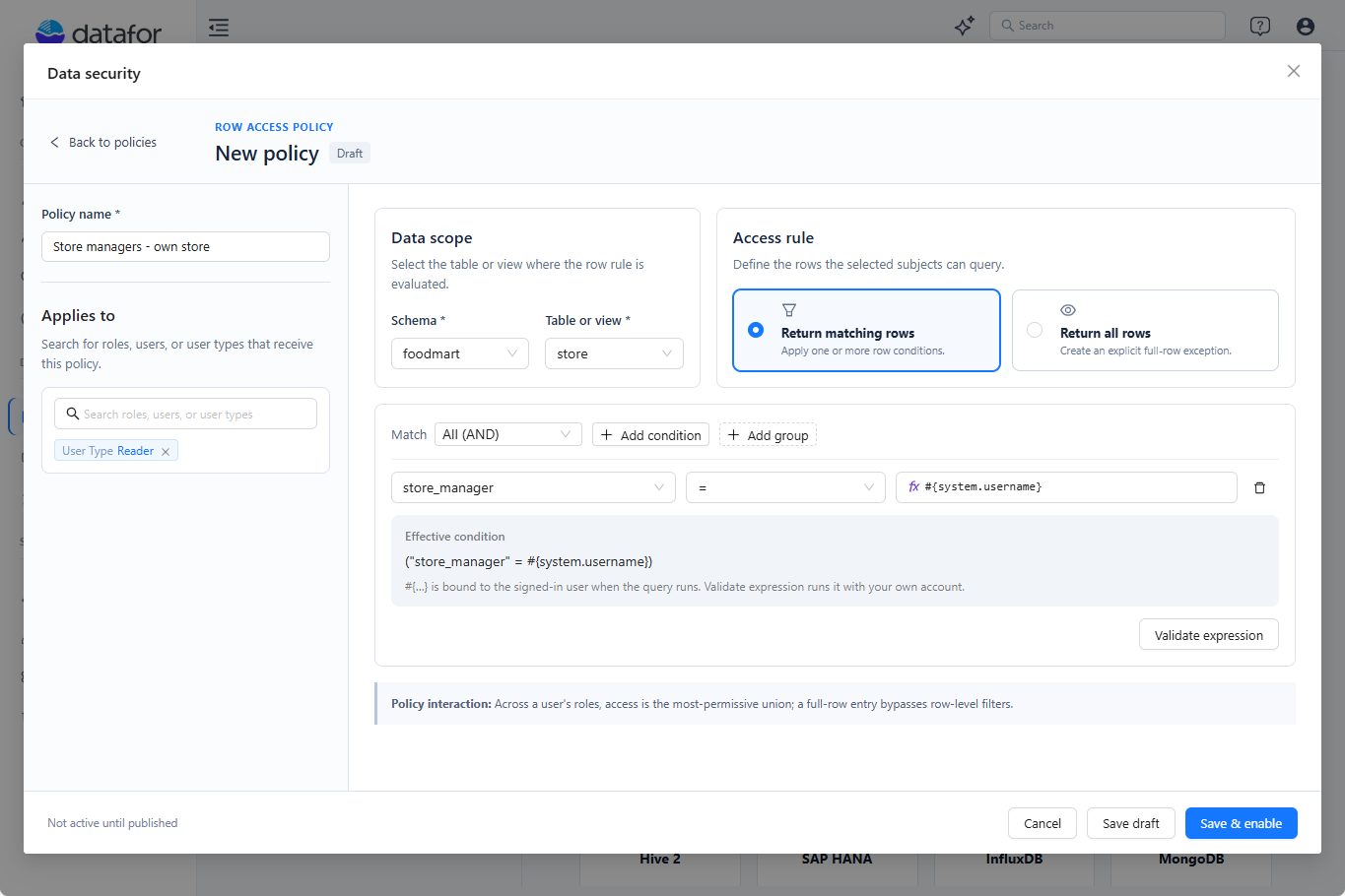 Condition store_manager equals Current user name, with the stored token in Effective condition