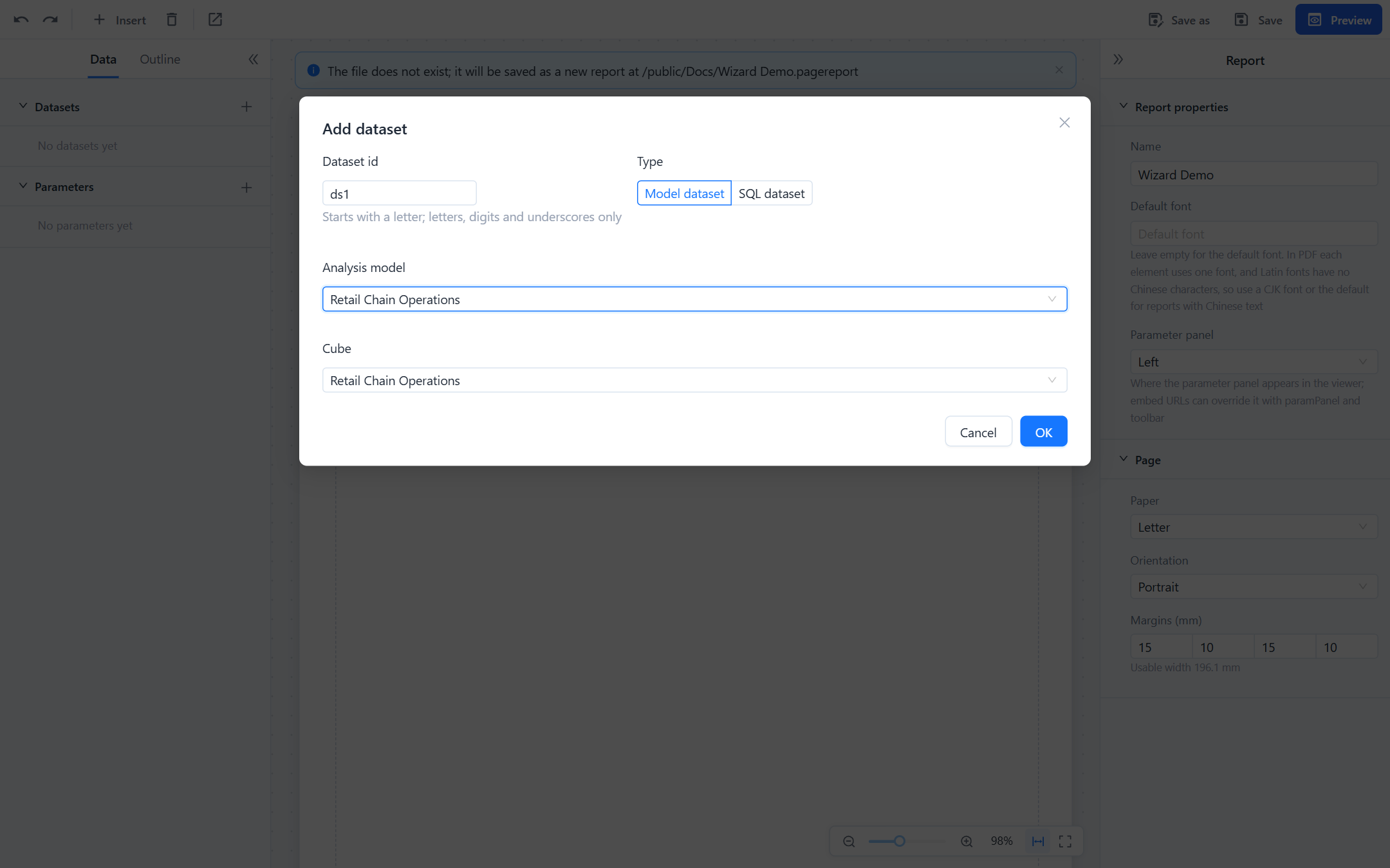 Add dataset dialog: dataset id, Model dataset or SQL dataset, analysis model and cube