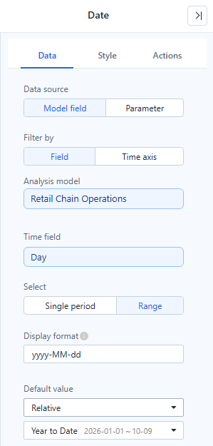 Date Data settings: a Day field, Range, and a relative default
