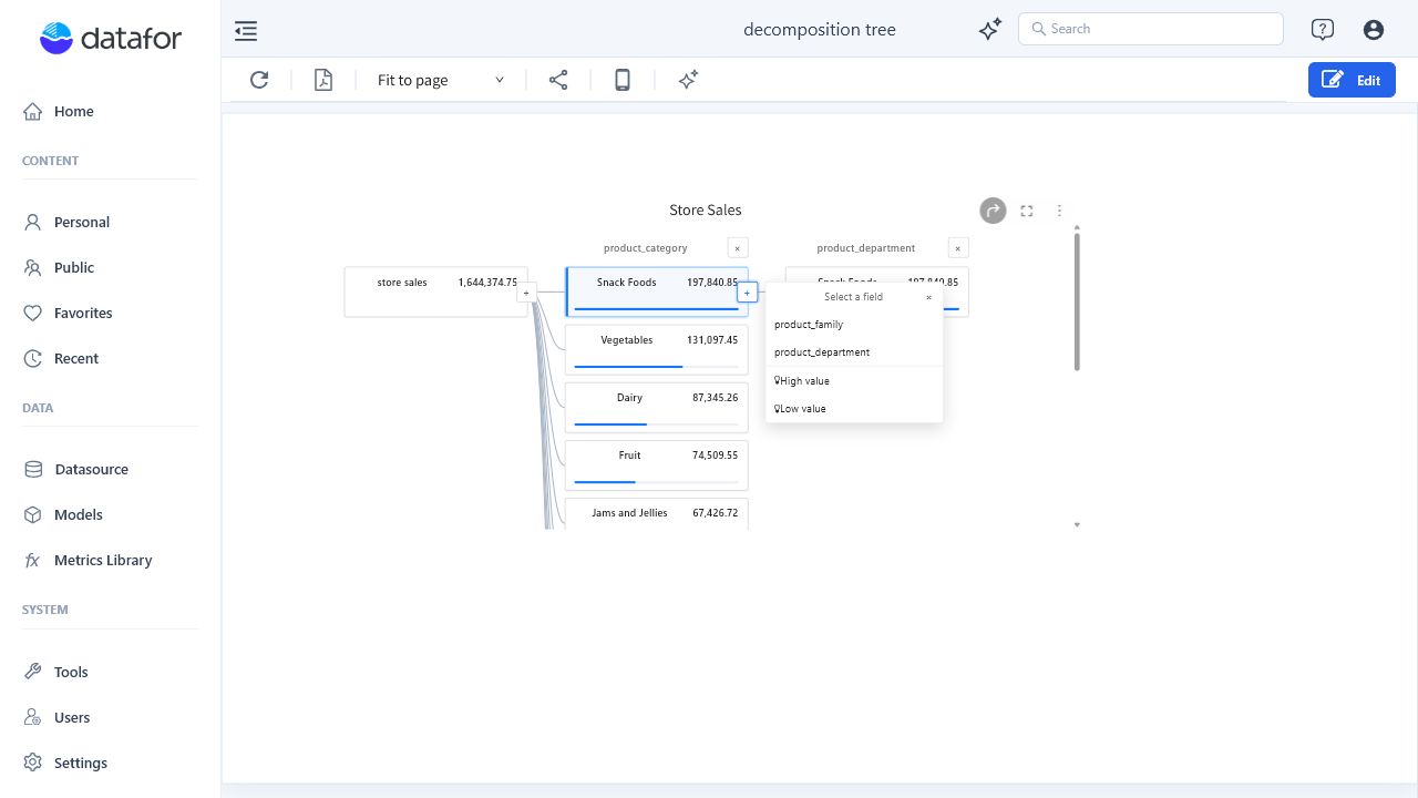Decomposition Tree split menu with dimensions, High value, and Low value options