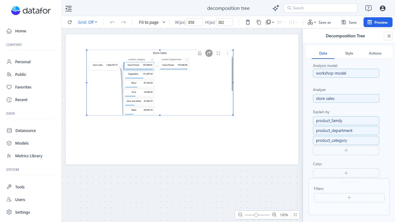 Decomposition Tree Data tab with one Analyze measure and three Explain by dimensions