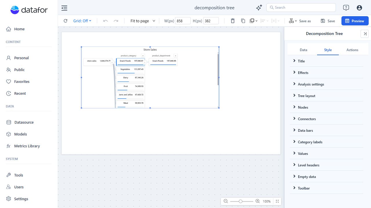 Decomposition Tree Style tab with its formatting sections