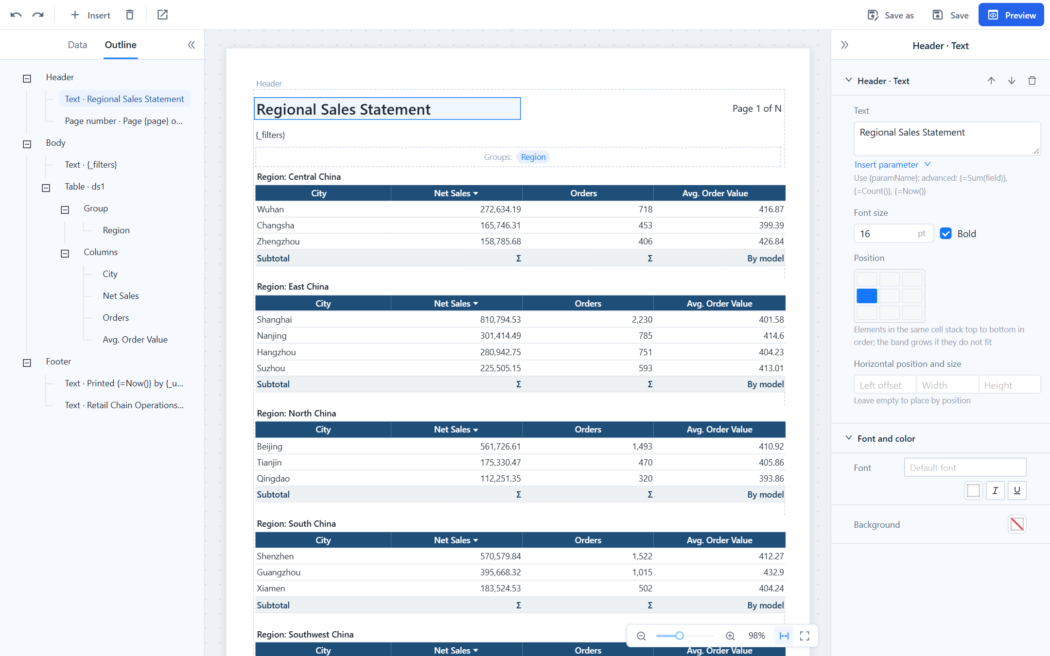 Outline tab listing header elements, the table with its group and columns, and footer elements
