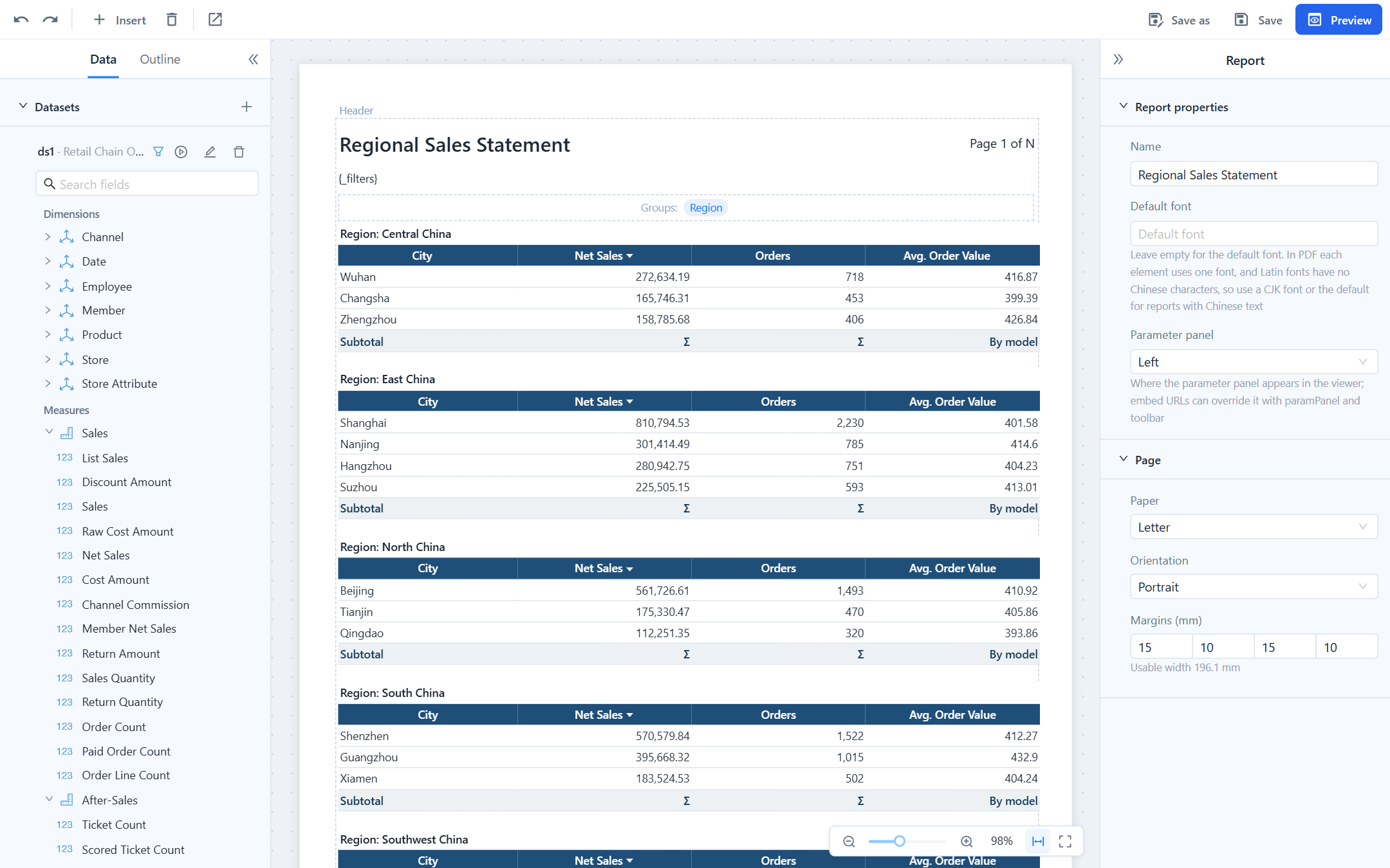 Designer: data panel on the left, the canvas with header, body table and footer in the middle, report properties on the right