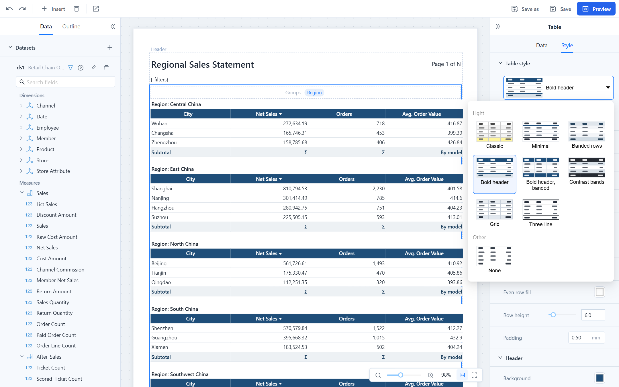 Style tab with the template picker open: Classic, Minimal, Banded rows, Bold header, Bold header banded, Contrast bands, Grid, Three-line and None