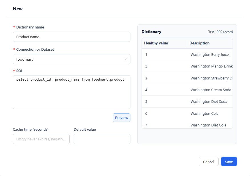 New dictionary dialog with Dictionary name, Connection or Dataset, SQL, Cache time, Default value and the preview of the first 1000 records