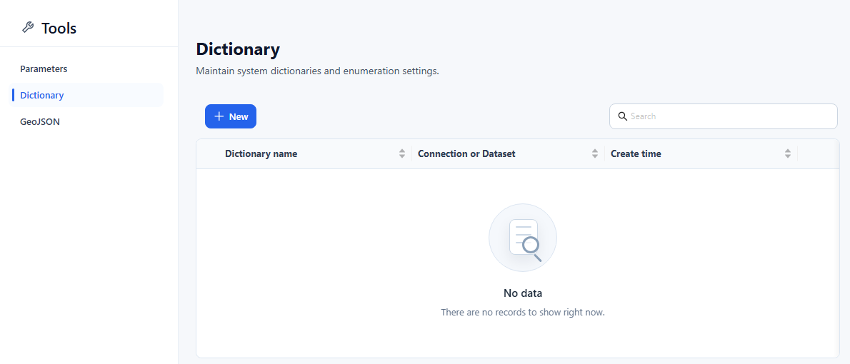 Tools › Dictionary page with the New button and an empty list