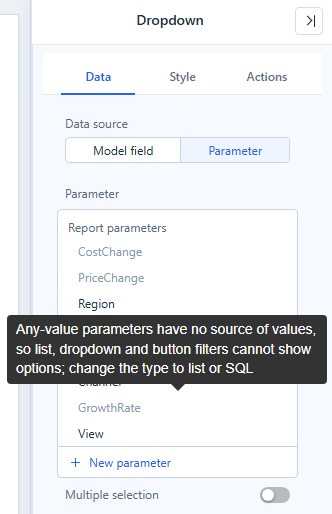 Dropdown in Parameter mode; the Any-value parameter GrowthRate is greyed out and its tooltip gives the reason