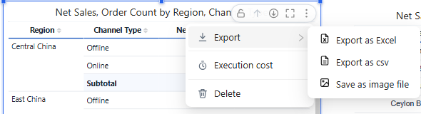 Export submenu of a pivot table