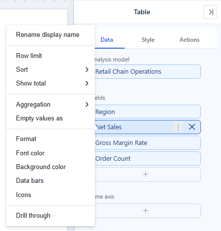 The field menu of a measure in a Table