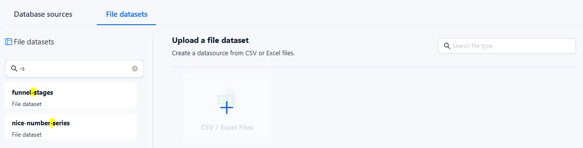 File datasets tab with the dataset list and search on the left and the CSV / Excel Files card under Upload a file dataset