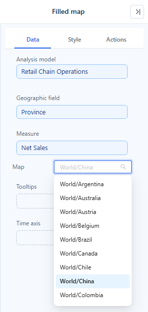 Filled map Data tab: Geographic field, Measure and the searchable Map list with World/China selected