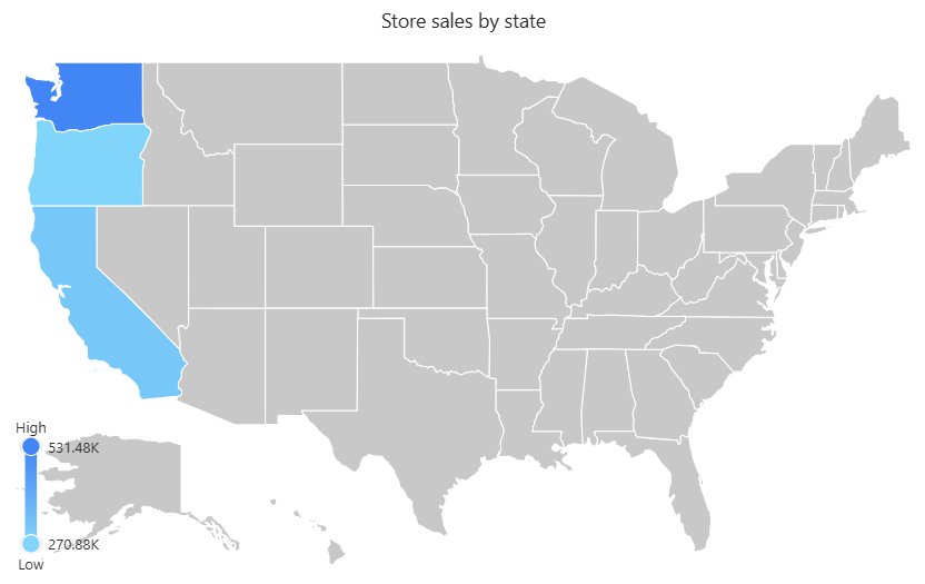 Filled map on the United States map: Washington, Oregon and California coloured by store sales, with the colour bar from Low 270.88K to High 531.48K at the bottom left