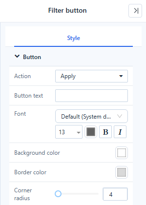 Filter button Style settings with Action set to Apply
