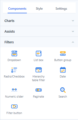 The Filters section of the component palette