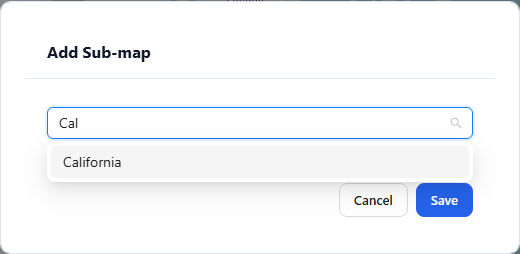 Add Sub-map dialog on the United States map with California found by searching Cal