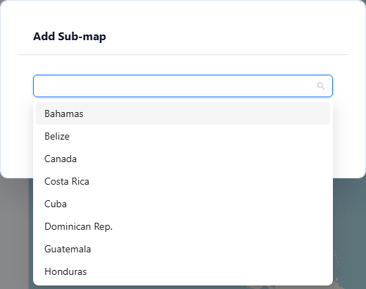 Add Sub-map dialog listing the regions of the World map
