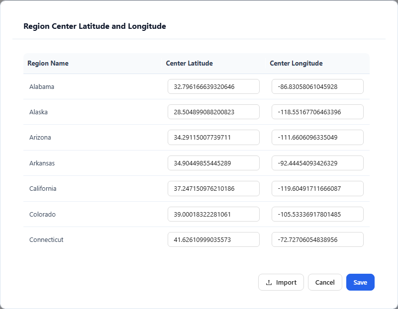 Region Center Latitude and Longitude dialog with Center Latitude and Center Longitude for each state