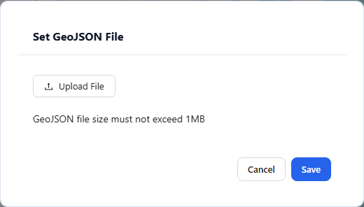 Set GeoJSON File dialog with the Upload File button and the 1 MB limit