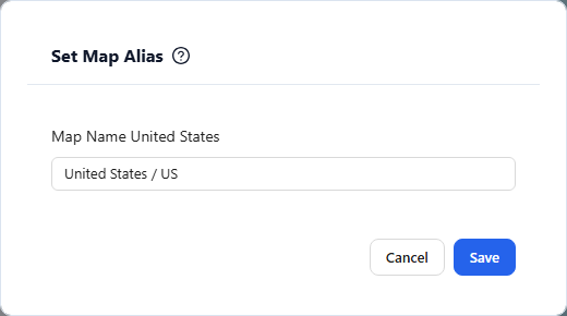 Set Map Alias dialog for United States with the aliases United States / US