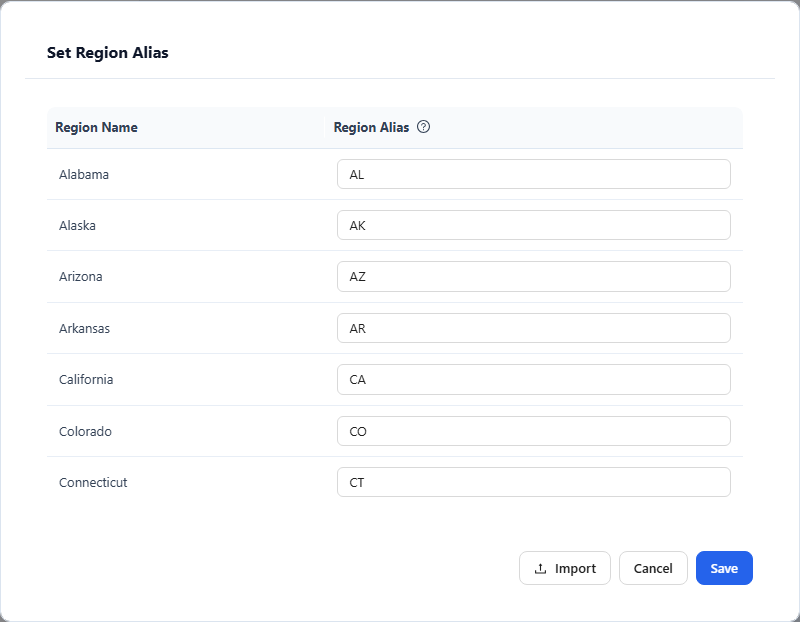 Set Region Alias dialog with a Region Alias for each state, such as CA for California