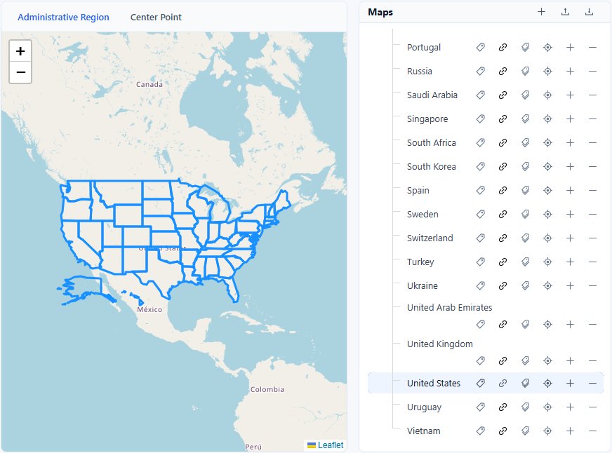 GeoJSON tool with the United States map in the map view on the left and the Maps tree on the right