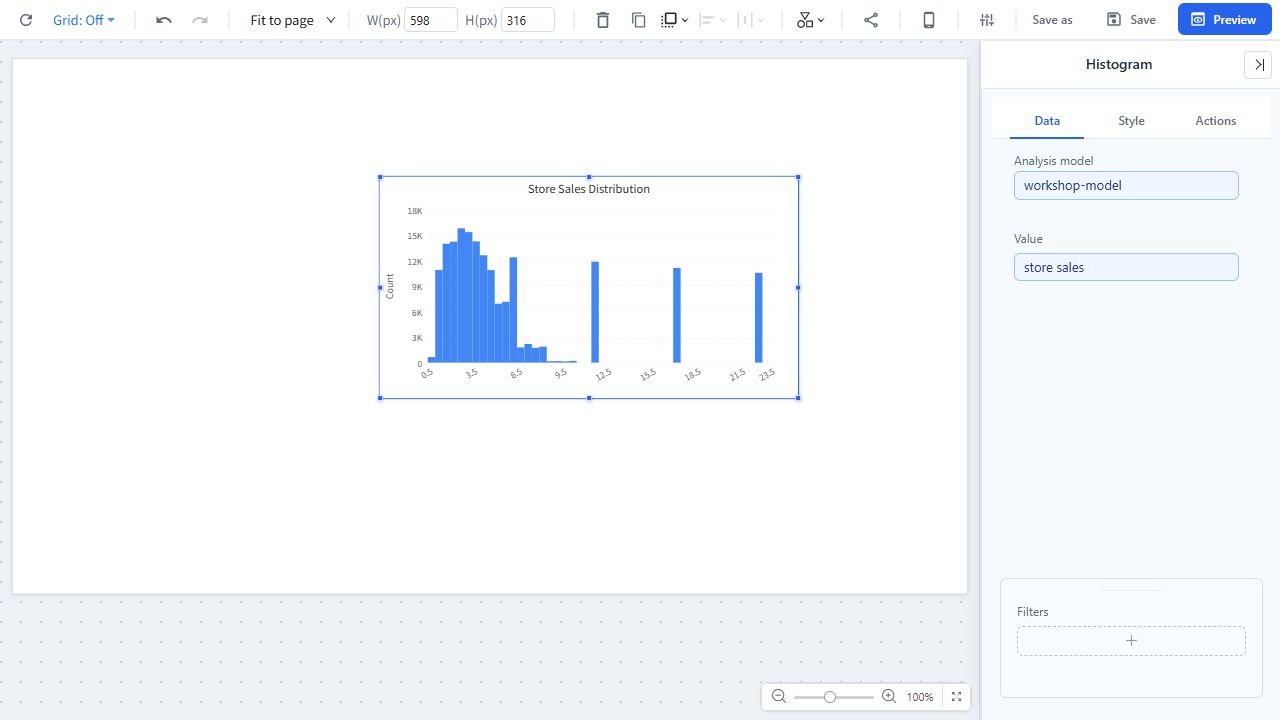 Histogram Data tab with an analysis model, one numeric Value field, and optional filters