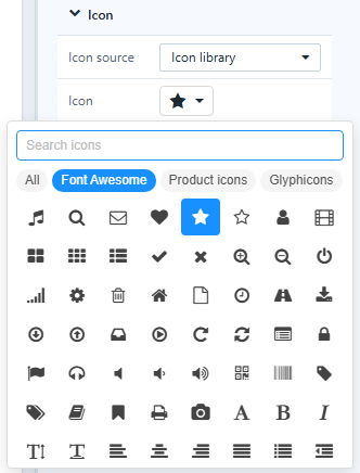 The icon picker opened from Style → Icon, with Search icons and the library tabs